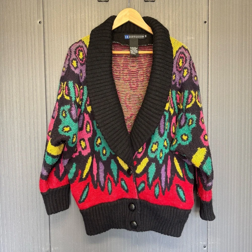 VTG IB DIFFUSION Sweater Cardigan Colorful Pattern Oversized Collar Lapel XS